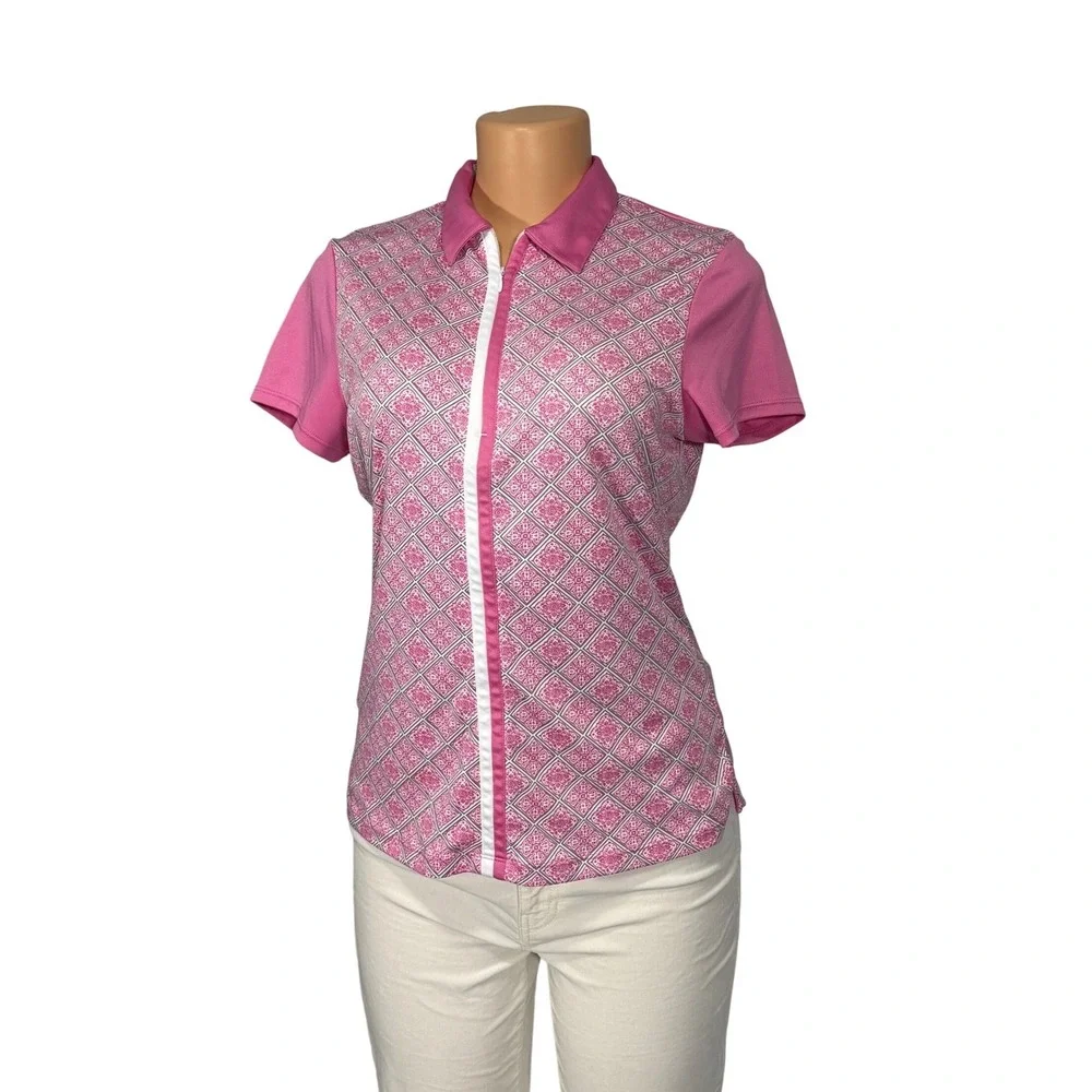 PGA Tour Womens Pink Geometric Tile Print Quarter‎ Zip Golf Polo Shirt Size M